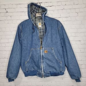 VTG Carhartt LARGE Denim Hooded Lined Jacket